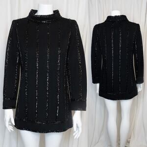 VINTAGE '60s Mod Black Wool Sequin + Beaded Black Long Sleeve Gogo Dress SMALL